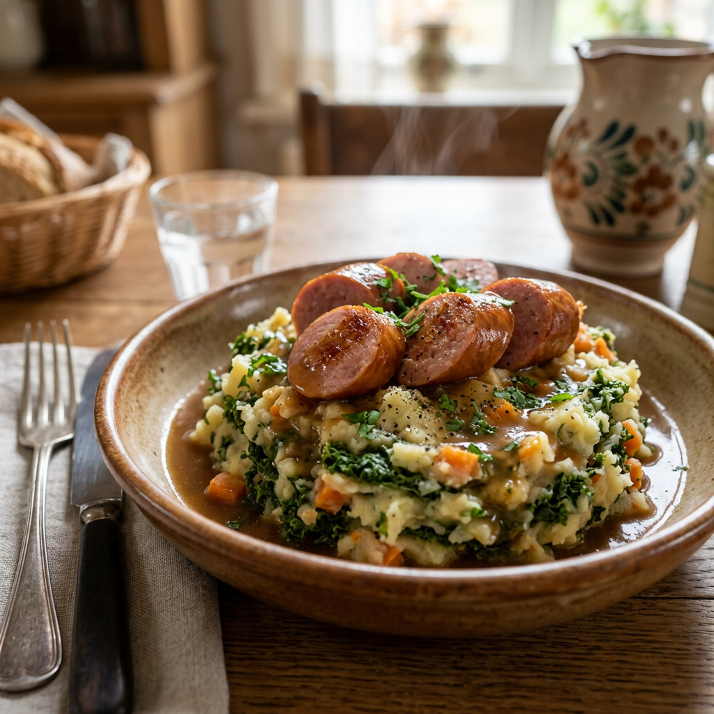 Grilled sausages on mashed potatoes with kale and vegetables topped with gravy