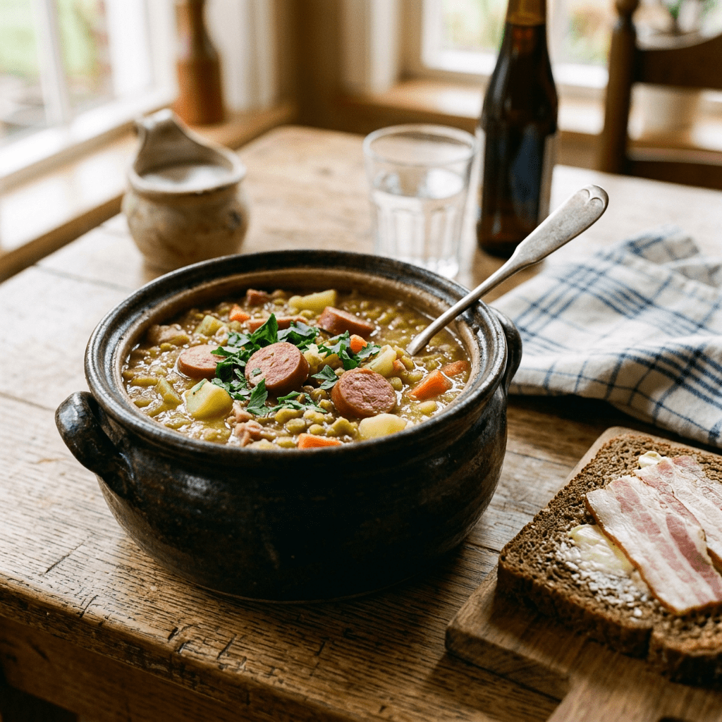 Bowl of pea soup with sausage slices, vegetables, and herbs