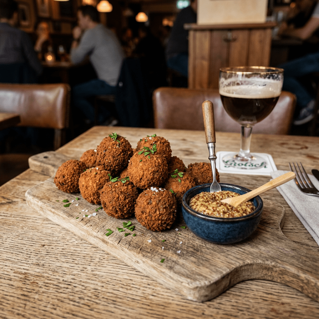 Crispy fried snack balls garnished with herbs served with mustard dip on a wooden board