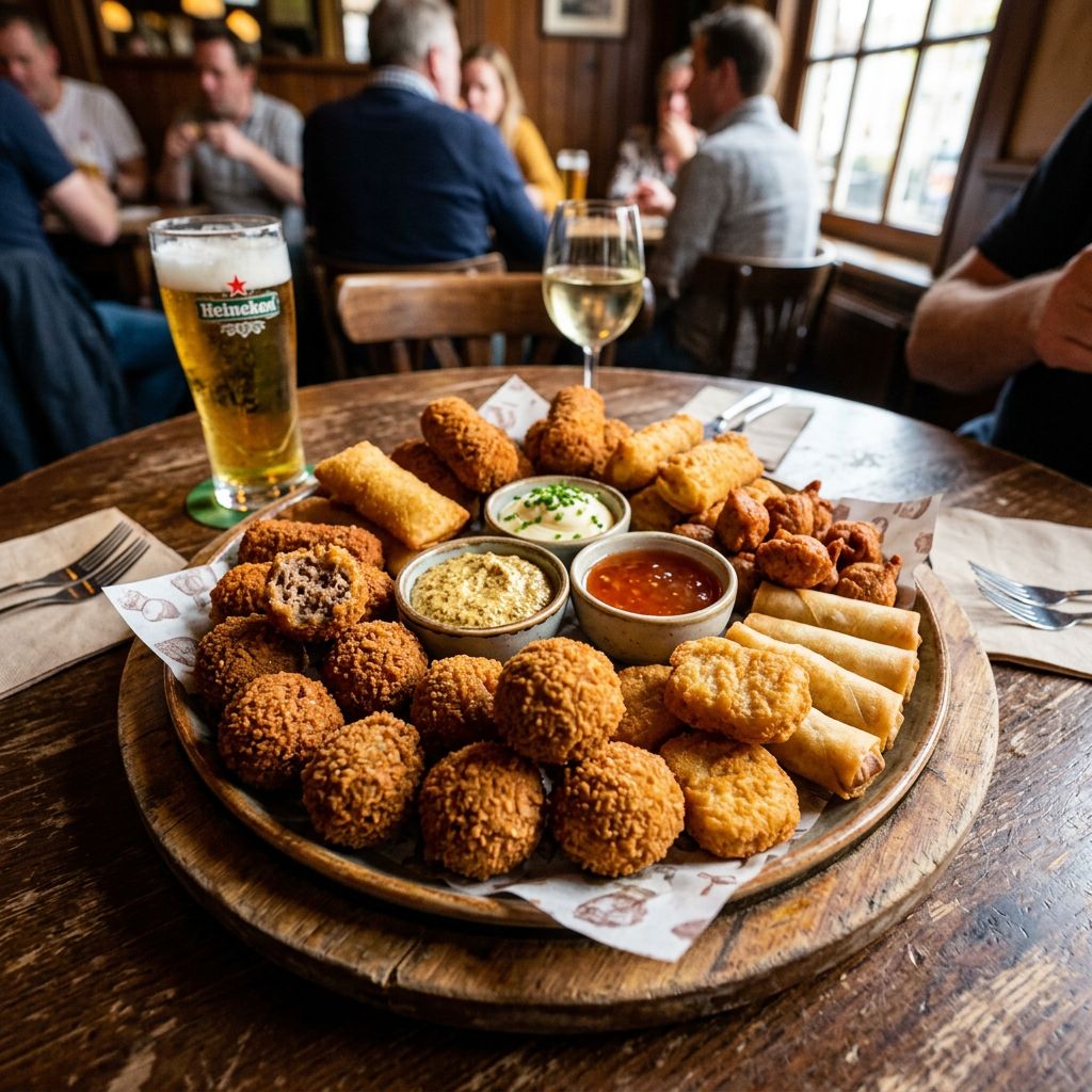 Platter with fried appetizers including croquettes, spring rolls, nuggets, and dips, with a glass of beer and a glass of white wine.
