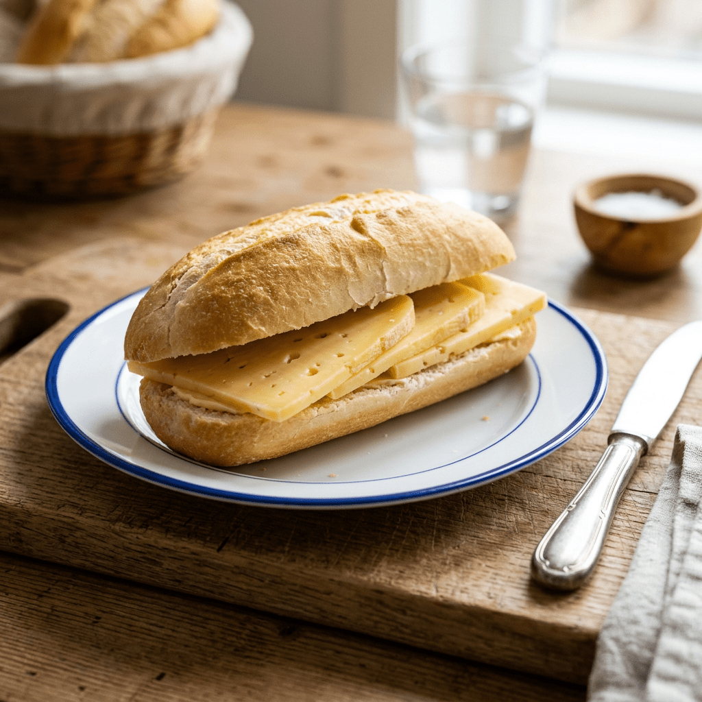 Sandwich with sliced cheese on a white plate with blue rim, on wooden table
