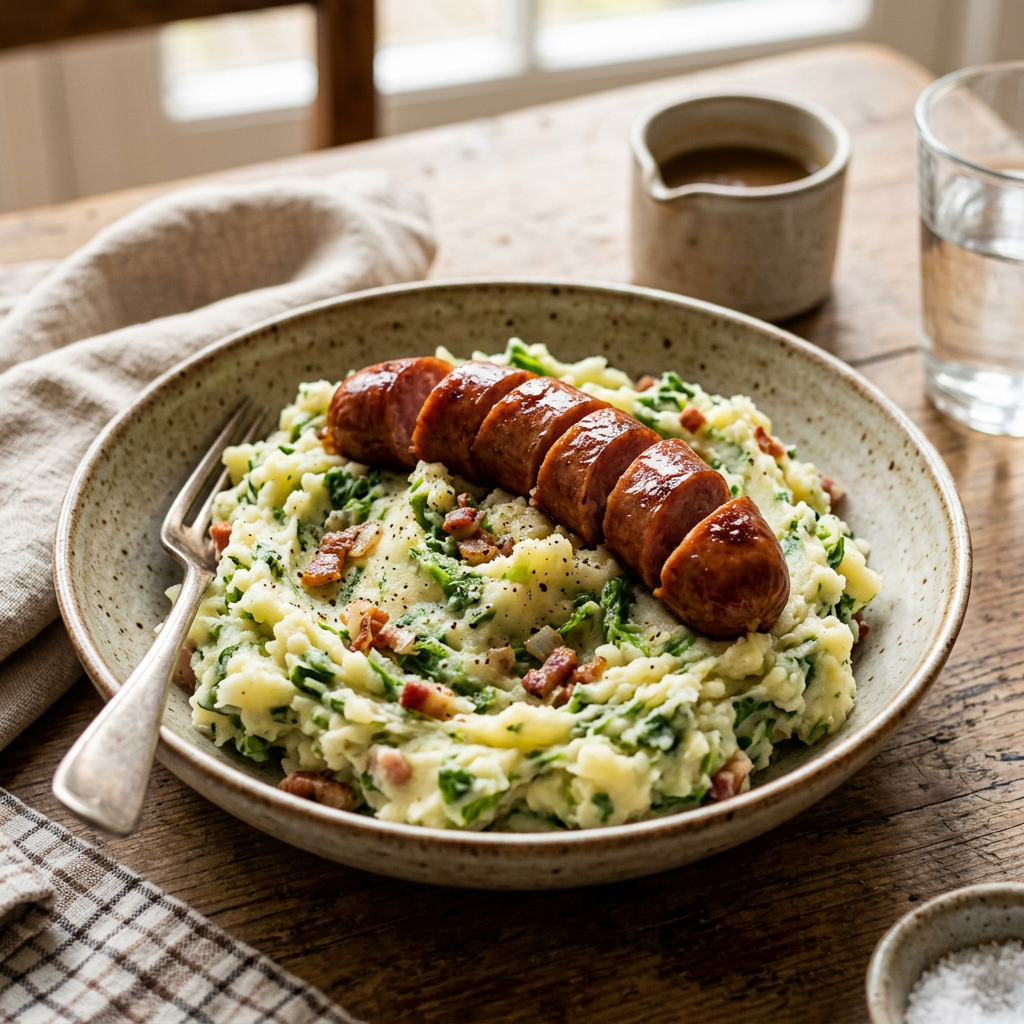 Sliced sausage served on mashed potatoes with greens and bacon bits