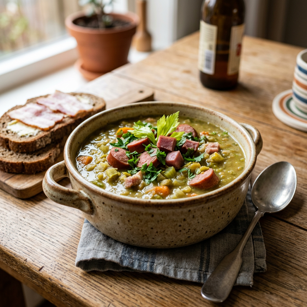 Bowl of split pea soup garnished with sausage slices and chopped herbs
