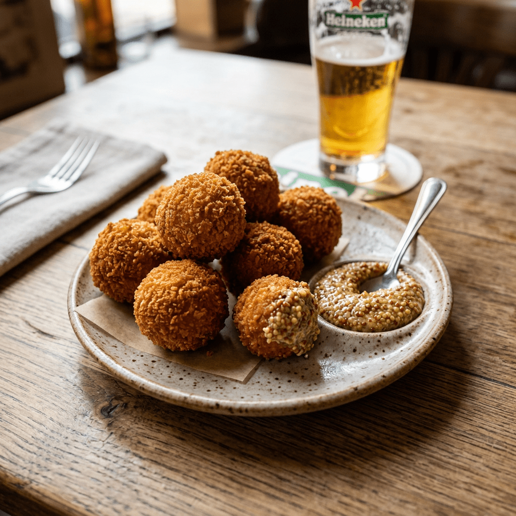Plate of crispy fried snack balls with grainy mustard and a beer in the background