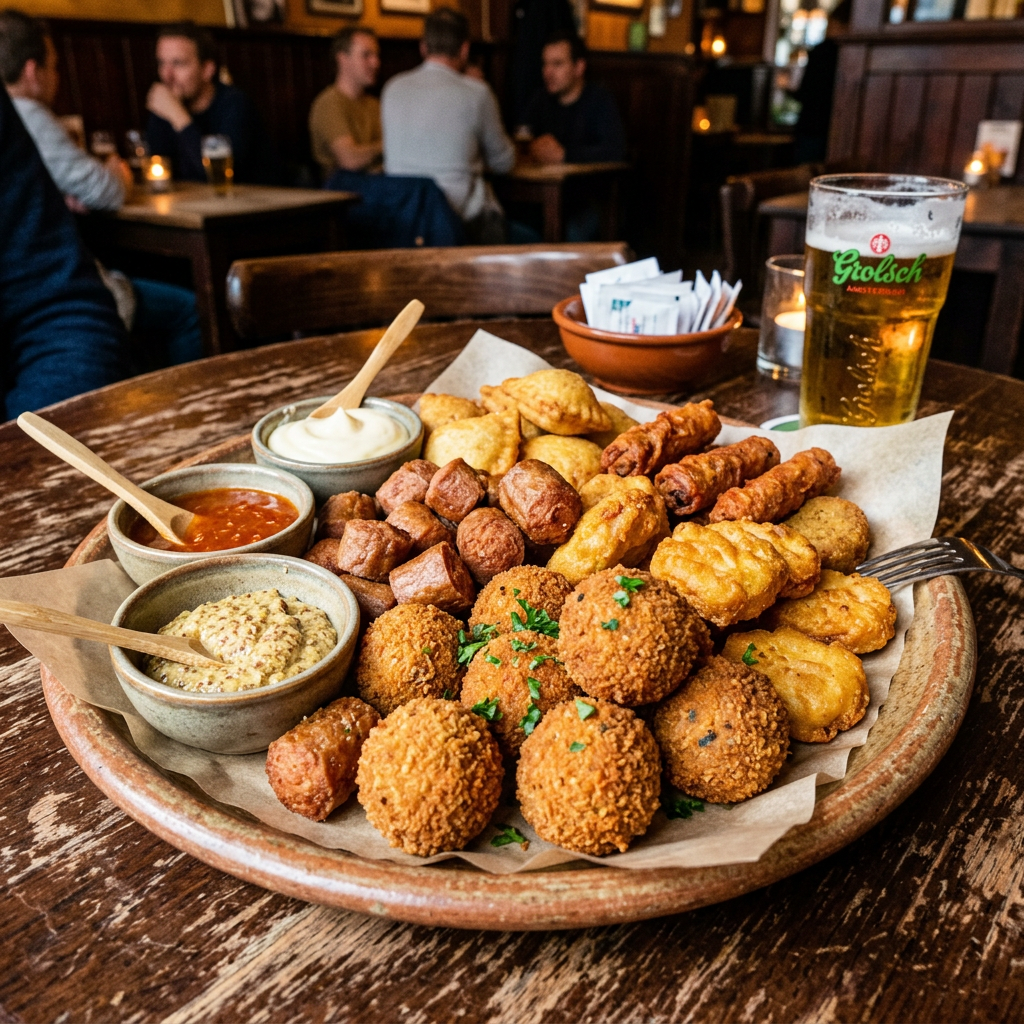 Plate of assorted Dutch fried snacks with sauces and a glass of Grolsch beer