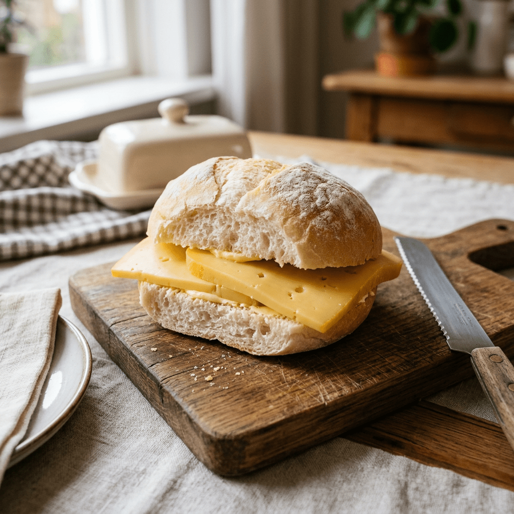 Cheese sandwich made with thick slices of yellow cheese inside a crusty white roll on wooden cutting board